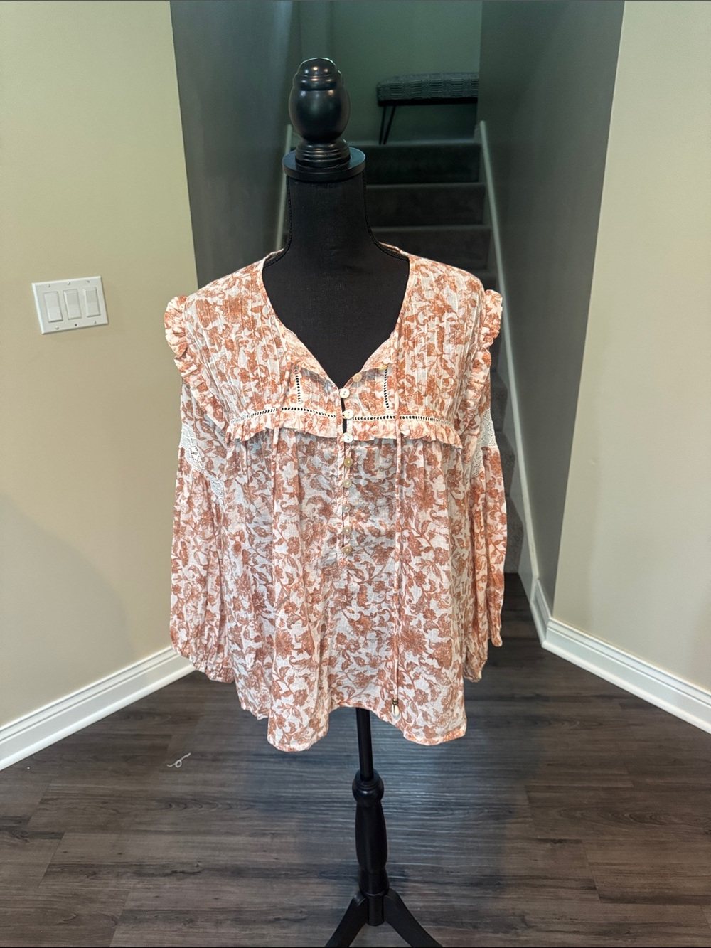 Kivari Dusty Rose Floral Ruffle Peasant Blouse
